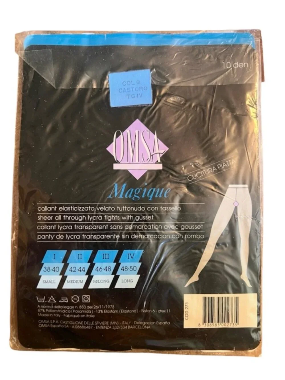 Omsa Magique Sheer Lycra Tights Gusset 10 Den Col. 9 Castoro Tg IV Long
